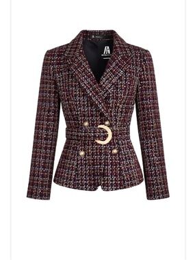 Commense Double-Breasted Tweed Blazer Jacket in Burgundy